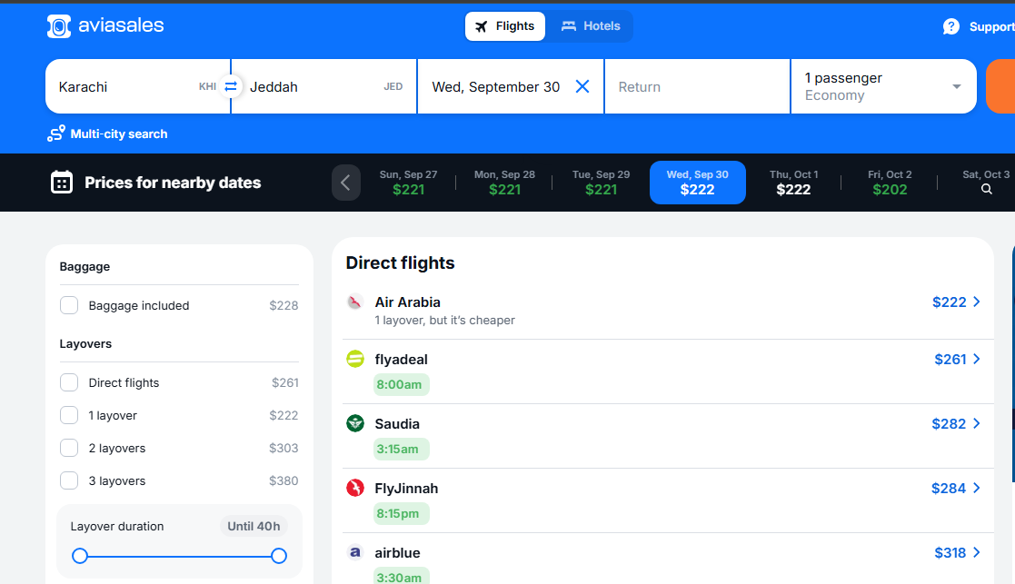 Aviasales search results