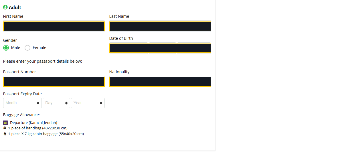 Passenger details form (personal fields redacted for this guide)
