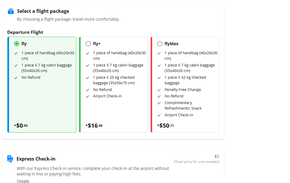 Fare package upsell tiers