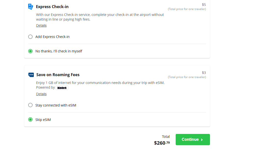 Express check-in and eSIM add-ons