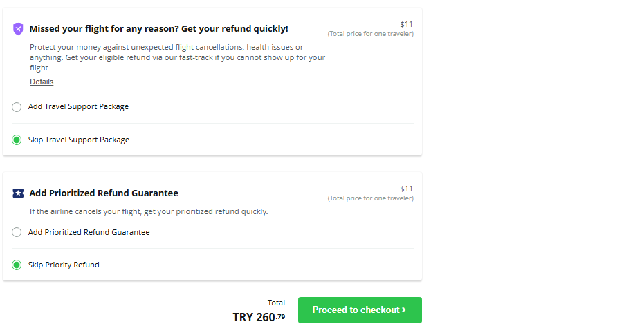 Travel insurance and refund guarantee upsells